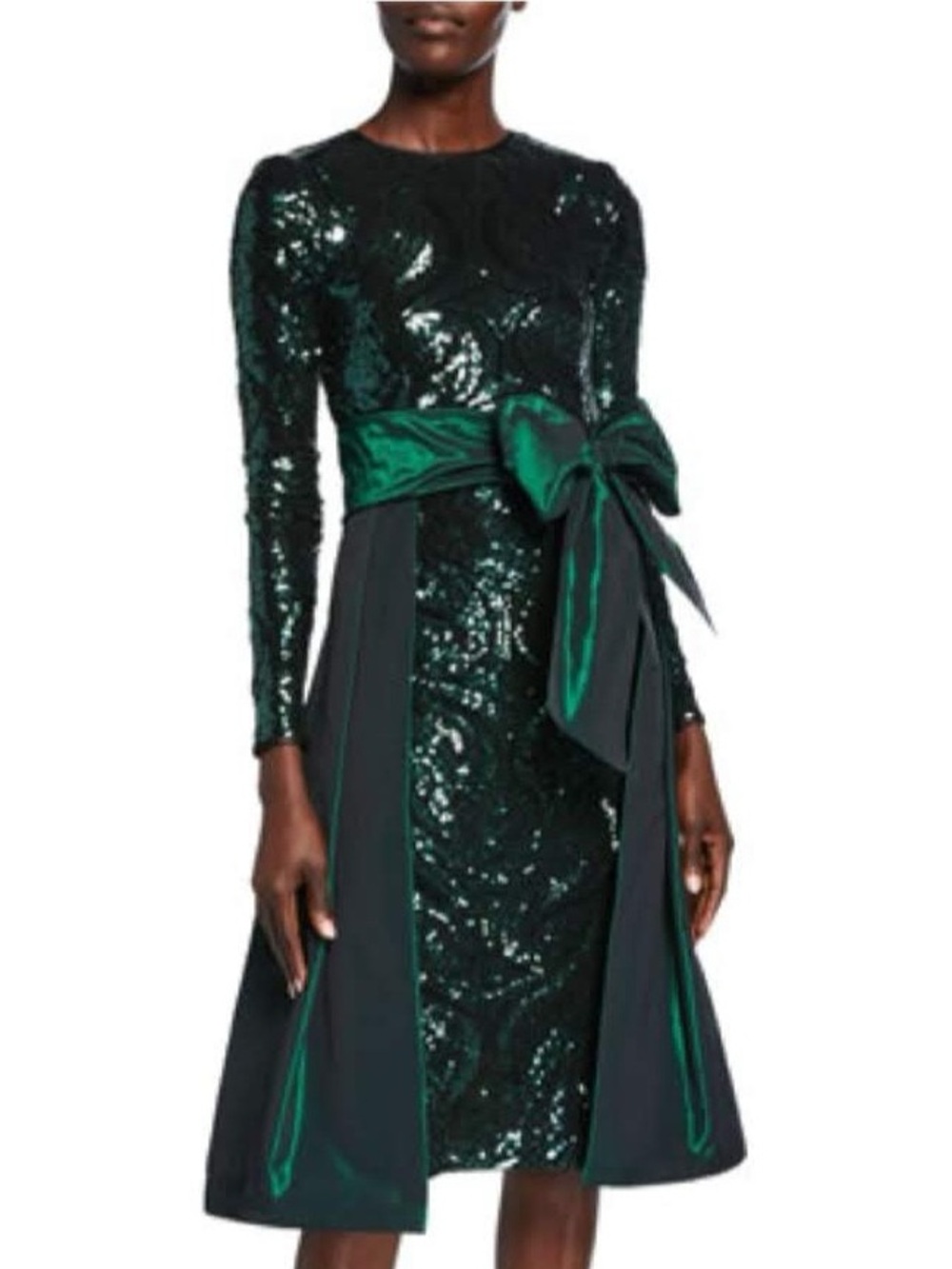 Emerald Green Sequin Bow-Waist Long Sleeve Dress